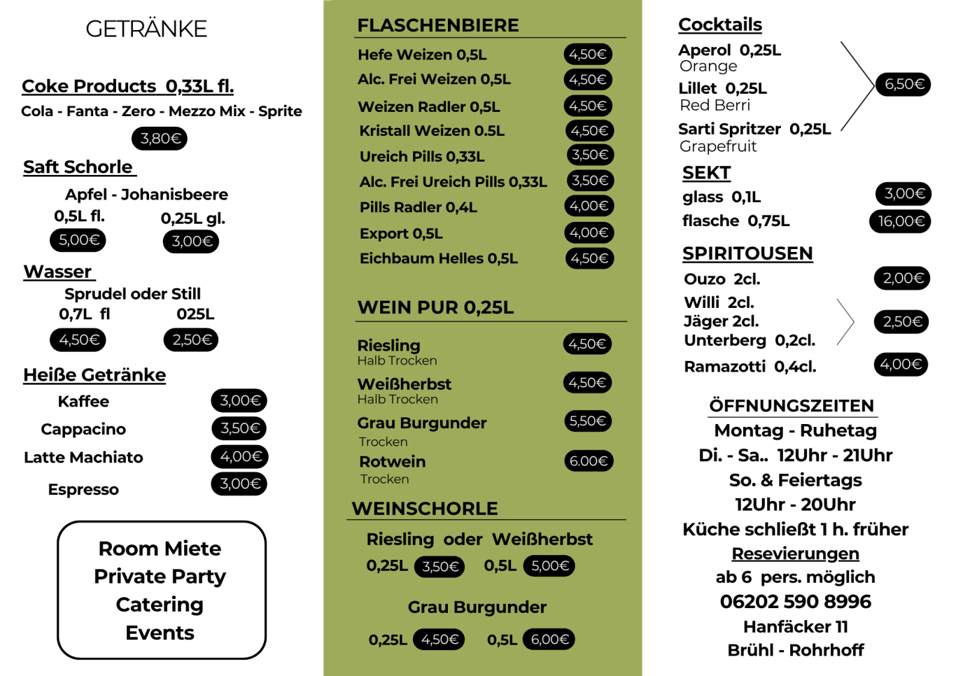 Getränkekarte Clubhaus der Hundefreunde