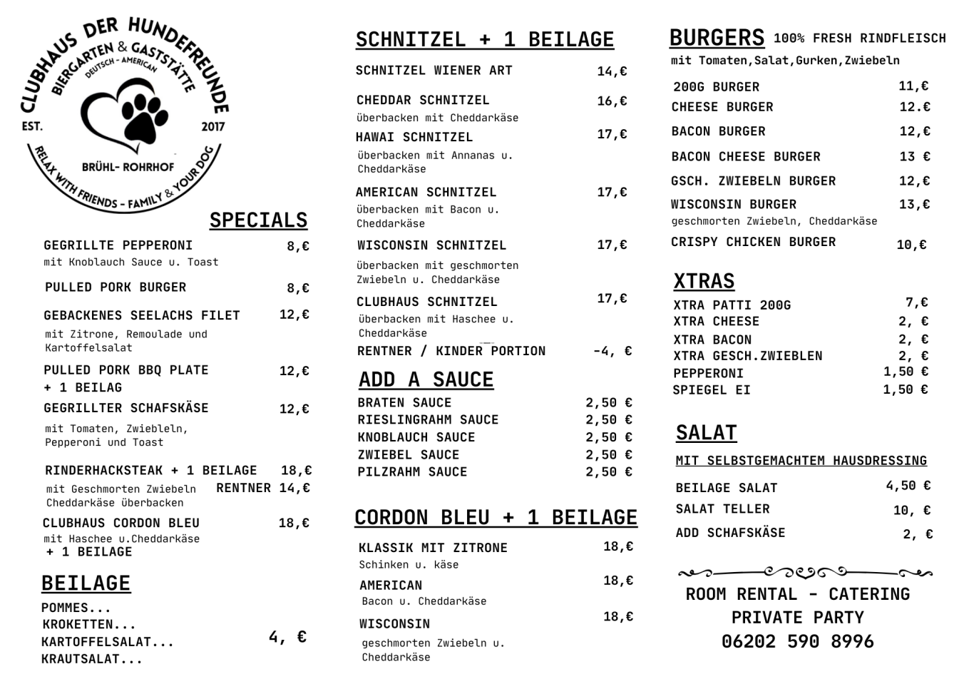 Speisekarte Clubhaus der Hundefreunde Rohrhof