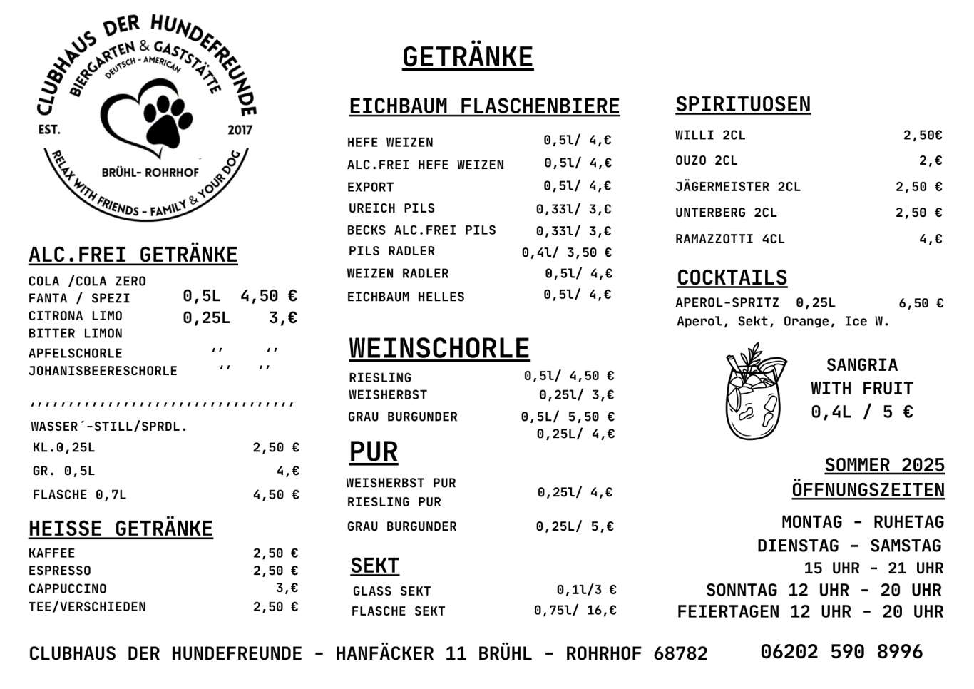 Getränkekarte Clubhaus der Hundefreunde