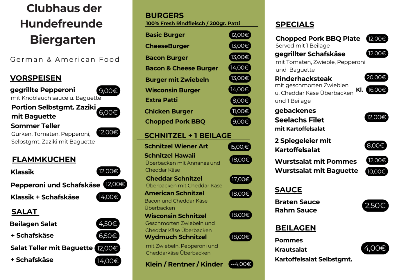 Speisekarte Clubhaus der Hundefreunde im Sommer